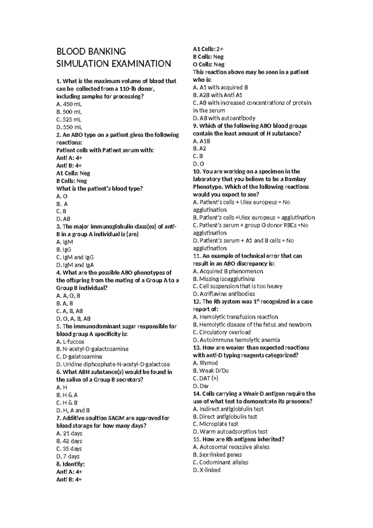 BB EXAM - Blood Banking Practice Questions and Answers - Studocu
