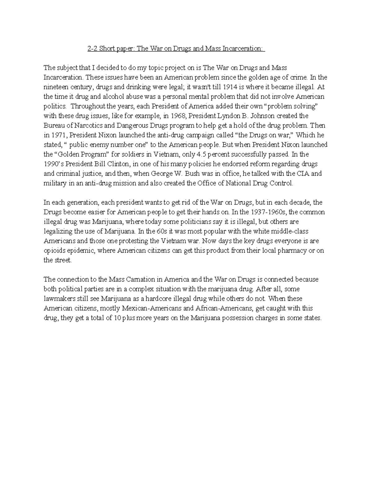2-2 Short Paper: The War on Drugs and Its Impact on Mass Incarceration ...