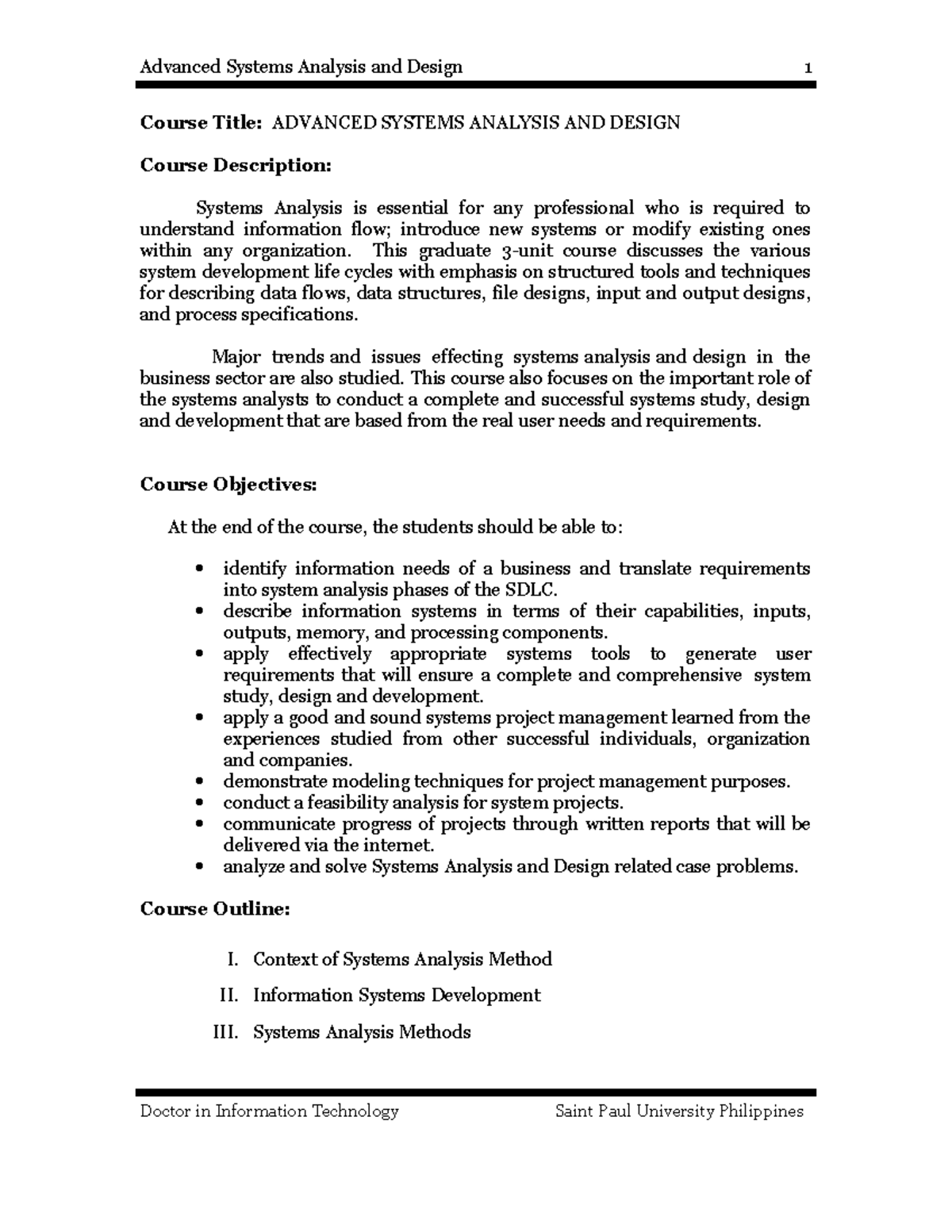 Advanced Systems Analysis and Design Syllabus - DIT Course - Studocu