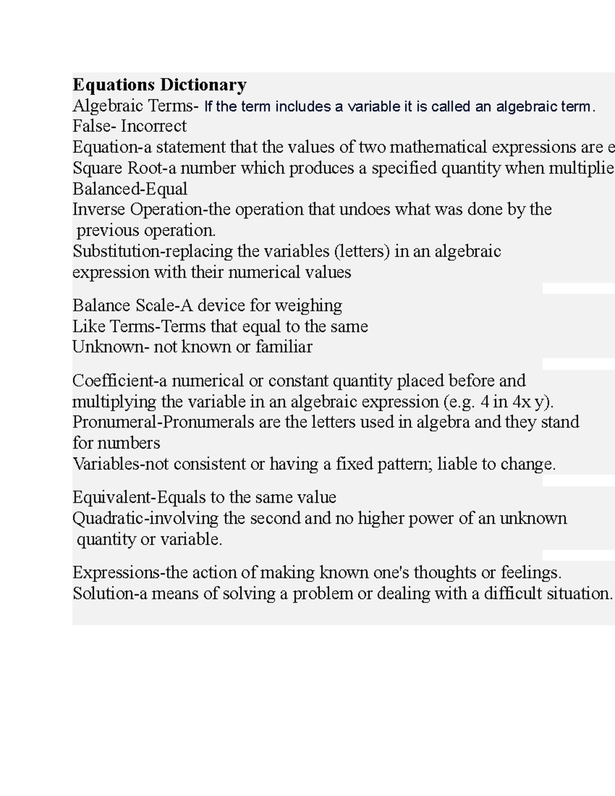 Algebraic Equations Dictionary: Key Terms and Definitions - Studocu