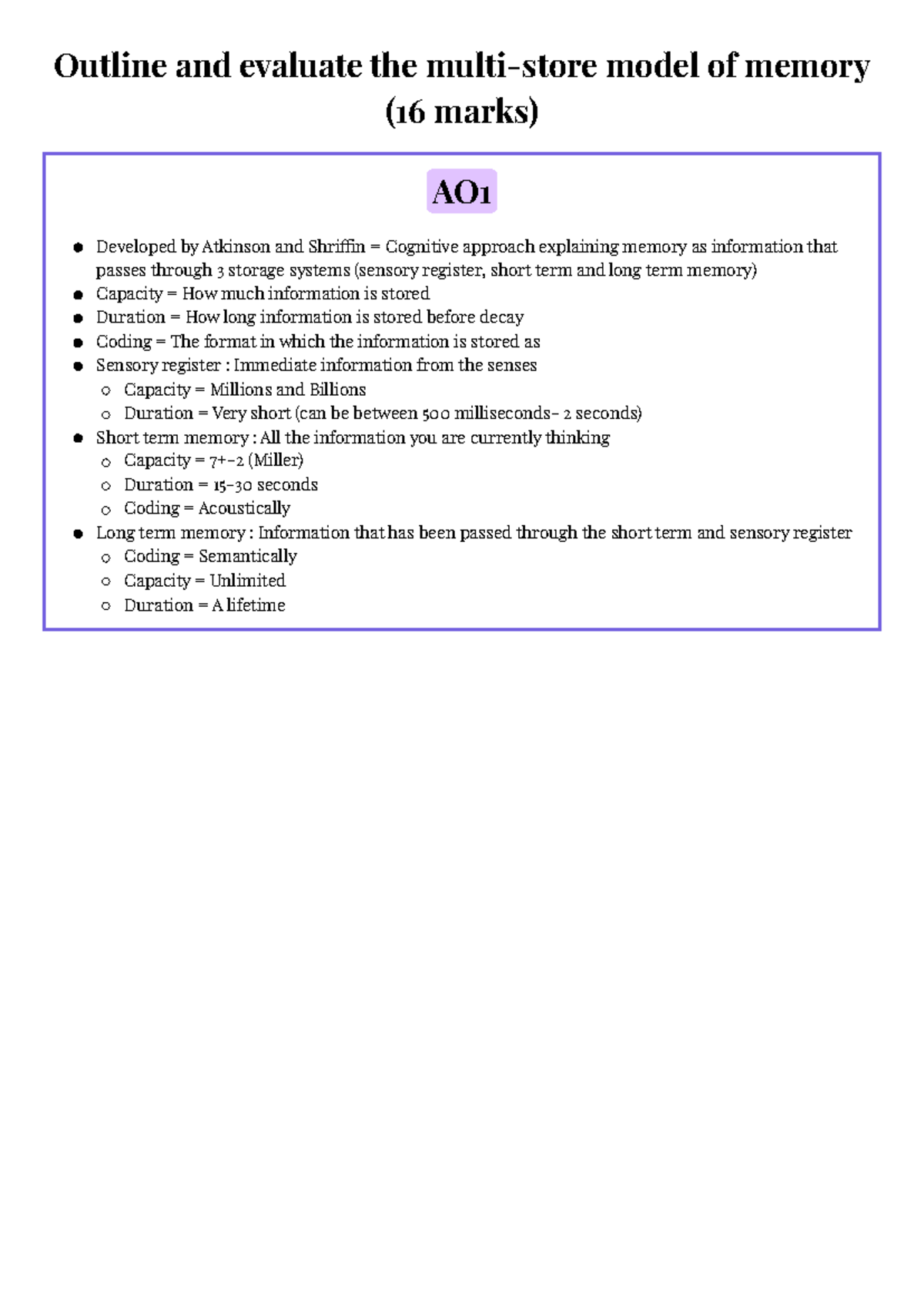 Memory 16 Mark Essay Plans (Psychology) - Studocu