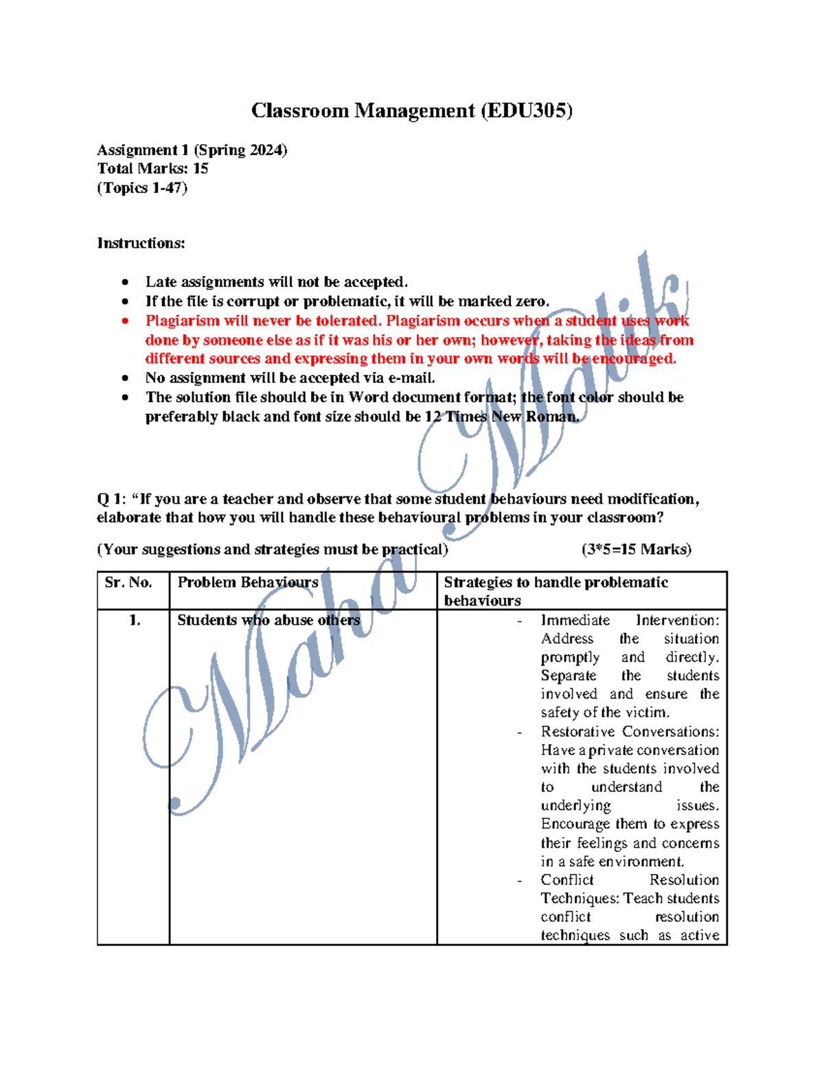 EDU305 Classroom Management Strategies Assignment 1 (Spring 2024) - Studocu