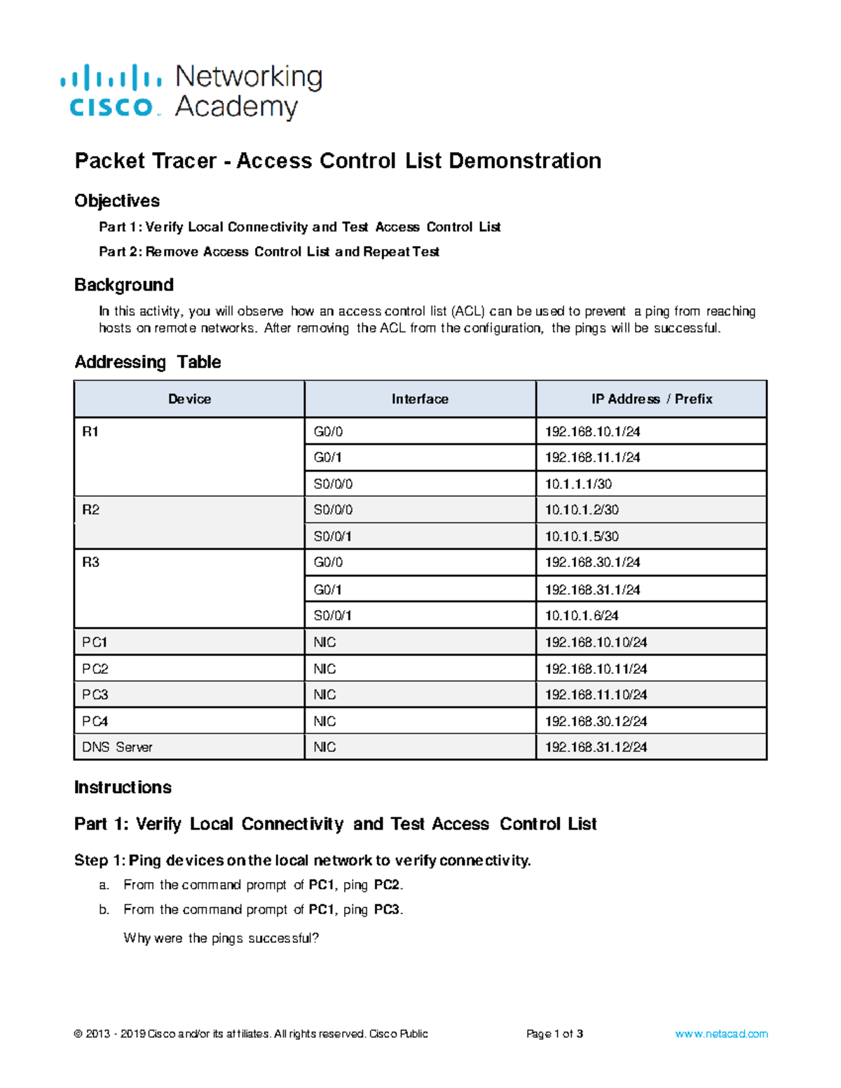 Packet Tracer - ACL Demonstration Guide and Testing Methodology - Studocu