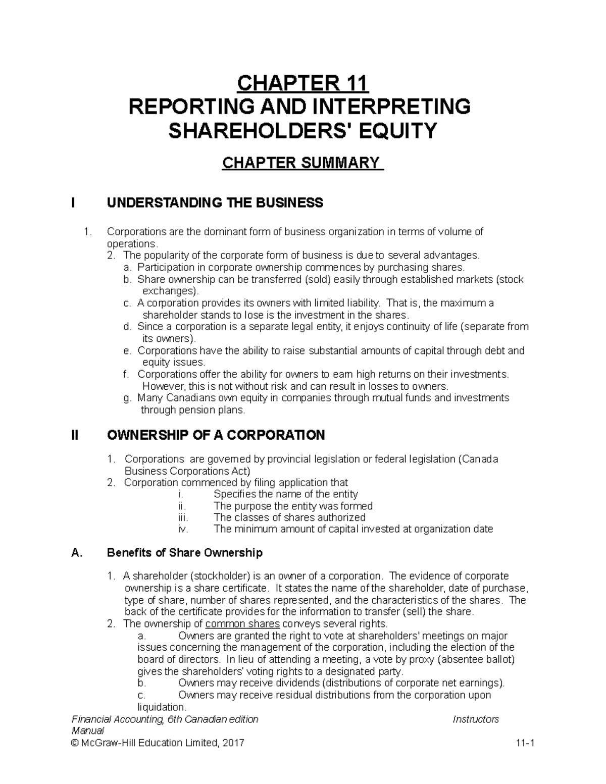 Chapter 11 Summary - CHAPTER 11 REPORTING AND INTERPRETING SHAREHOLDERS ...