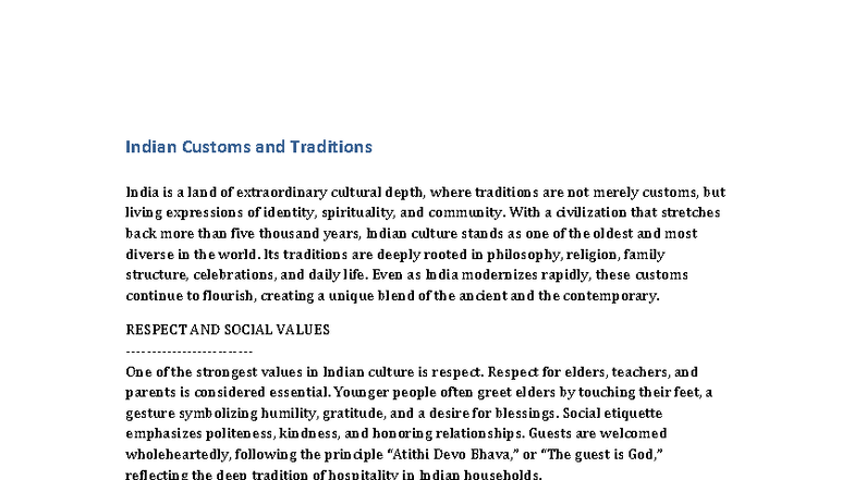 Indian Customs and Traditions: A Cultural Overview - Studocu