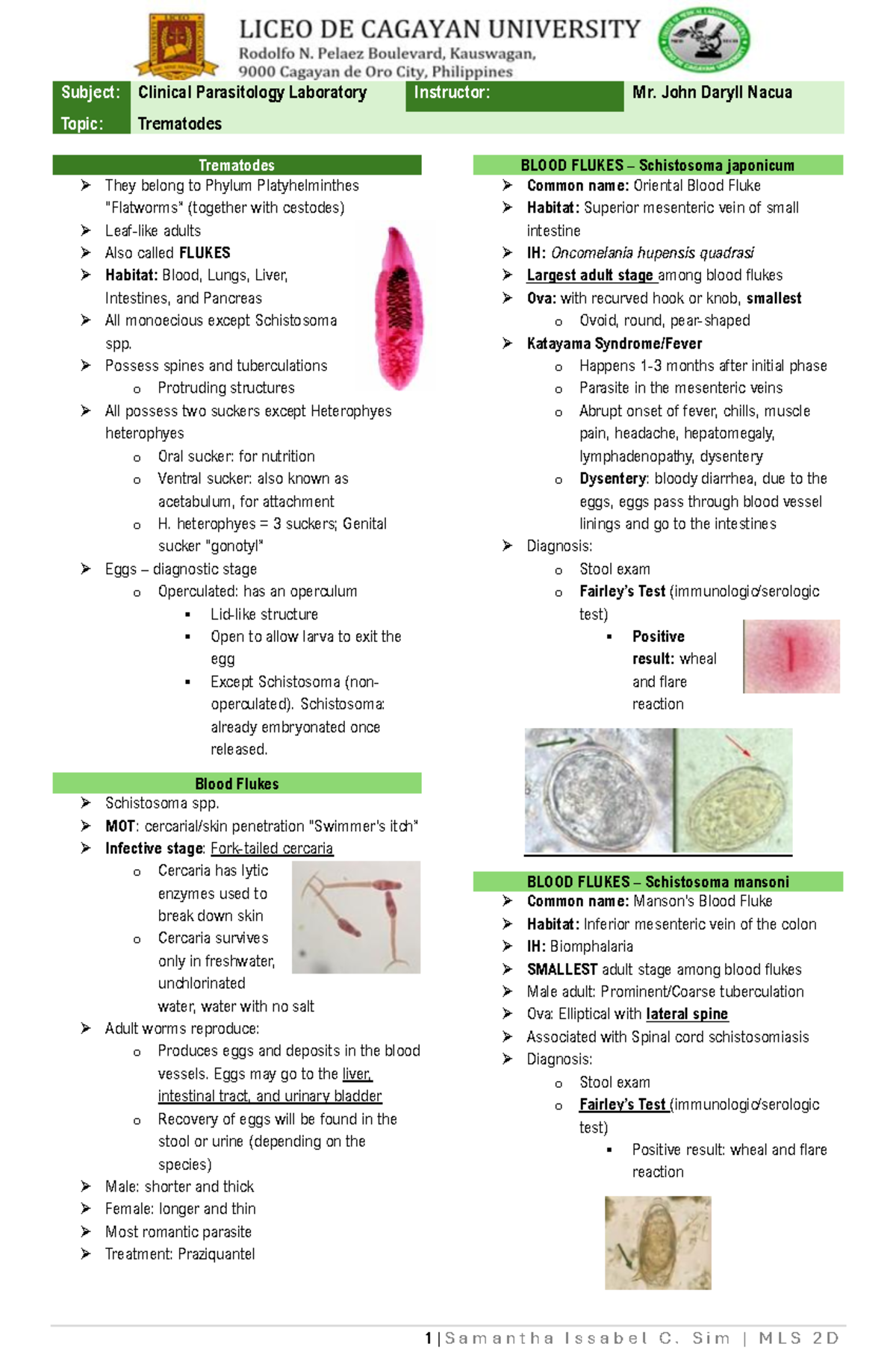 Clinical Parasitology Lab: Trematodes Overview (MLS 2D) - Studocu