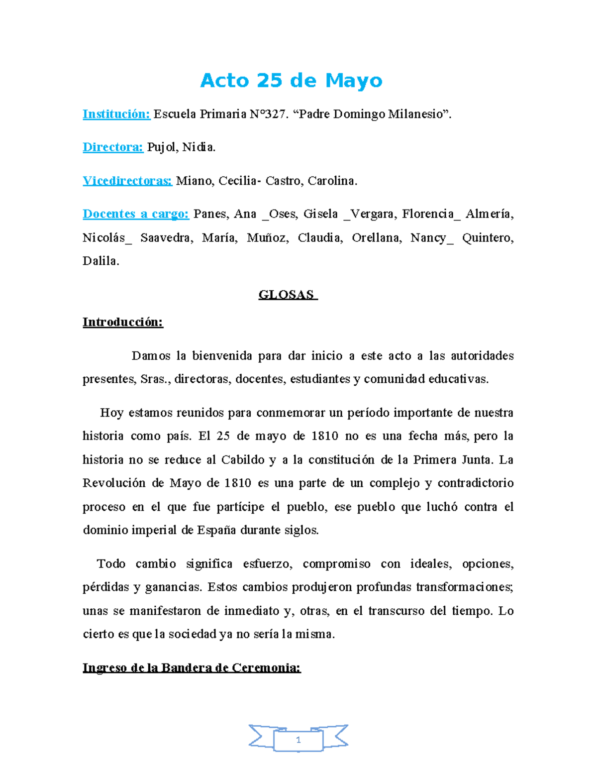 GLOSAS: Acto del 25 de Mayo en la Escuela Primaria N°327 - Studocu