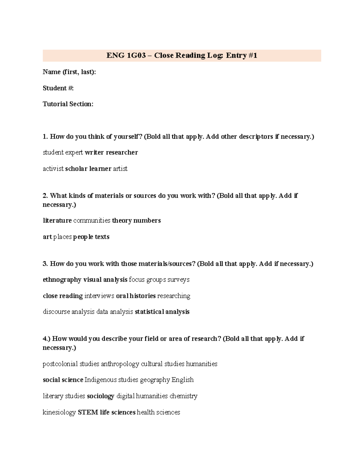 ENG 1G03 Close Reading Log: Self-Reflection Entry #1 - Studocu