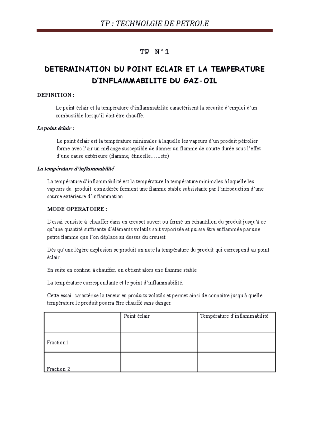 TP N° - Détermination du Point Éclair, Température Inflammabilité ...