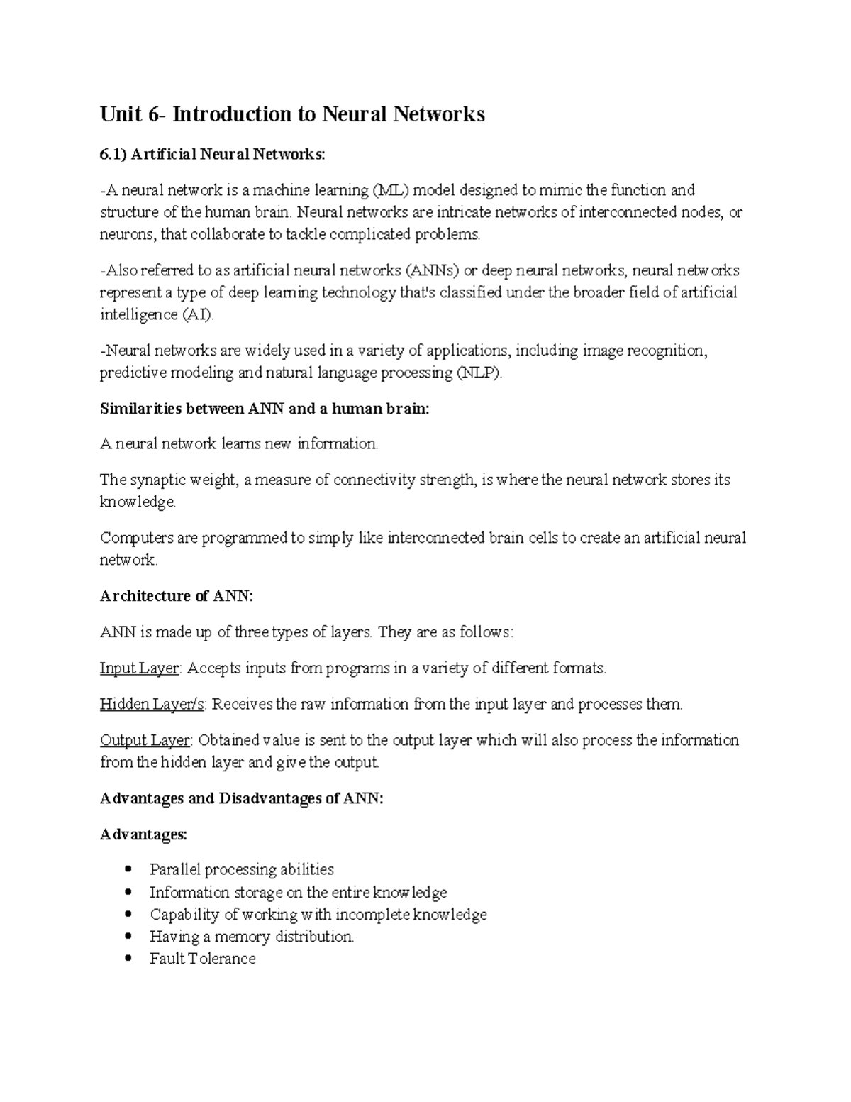 ML Unit 6 Notes - Unit 6- Introduction to Neural Networks Artificial ...
