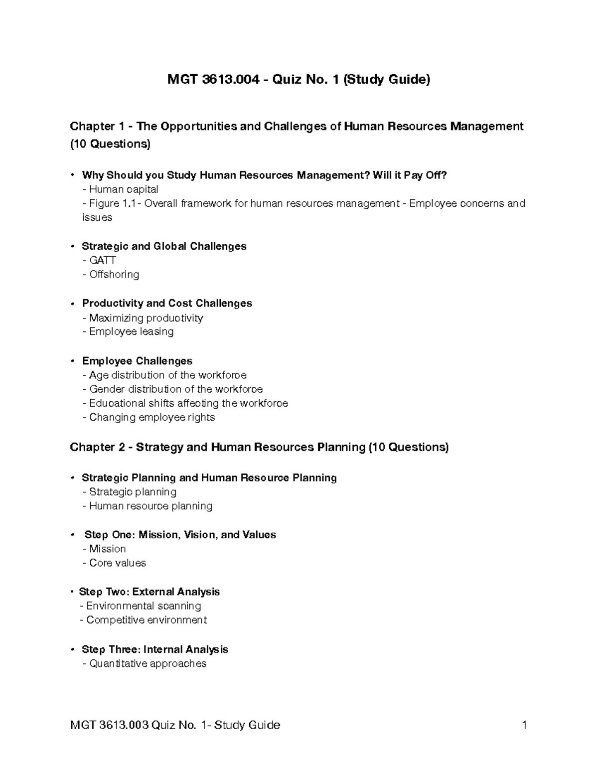 MGT 3613.004 Quiz No. 1 Study Guide: Key Topics in HR Management - Studocu