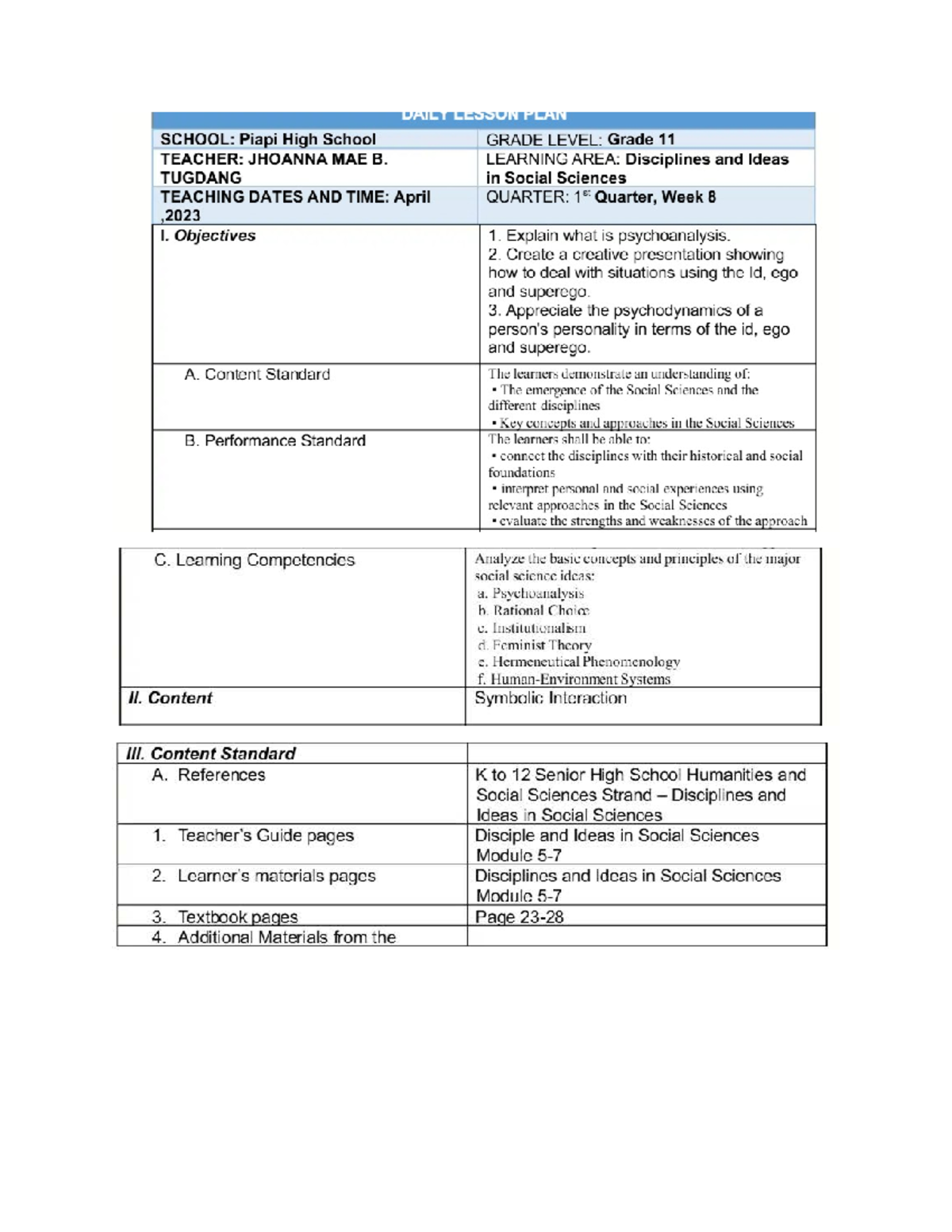 Lesson Plan in Psychoanalysis (11-St. Mark) - 1st Quarter, Week 8 - Studocu