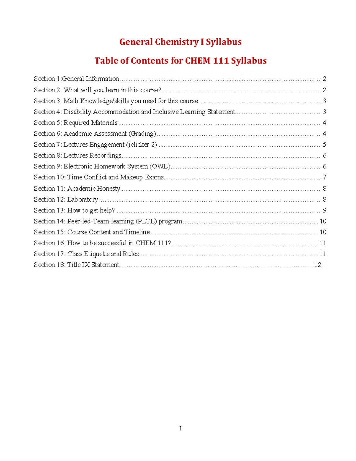 Syllabus for General Chemistry I (CHEM 111) - Fall 2024 - Studocu