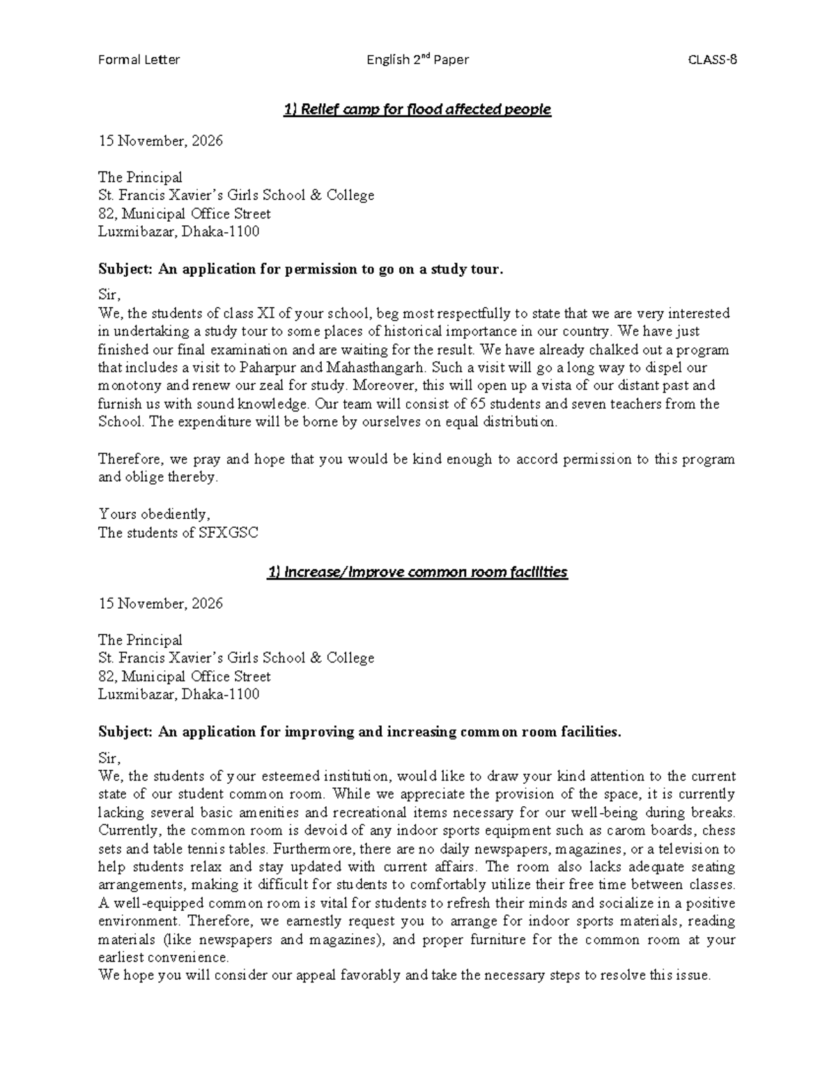 Formal Letter: Application for Study Tour & Common Room Facilities ...