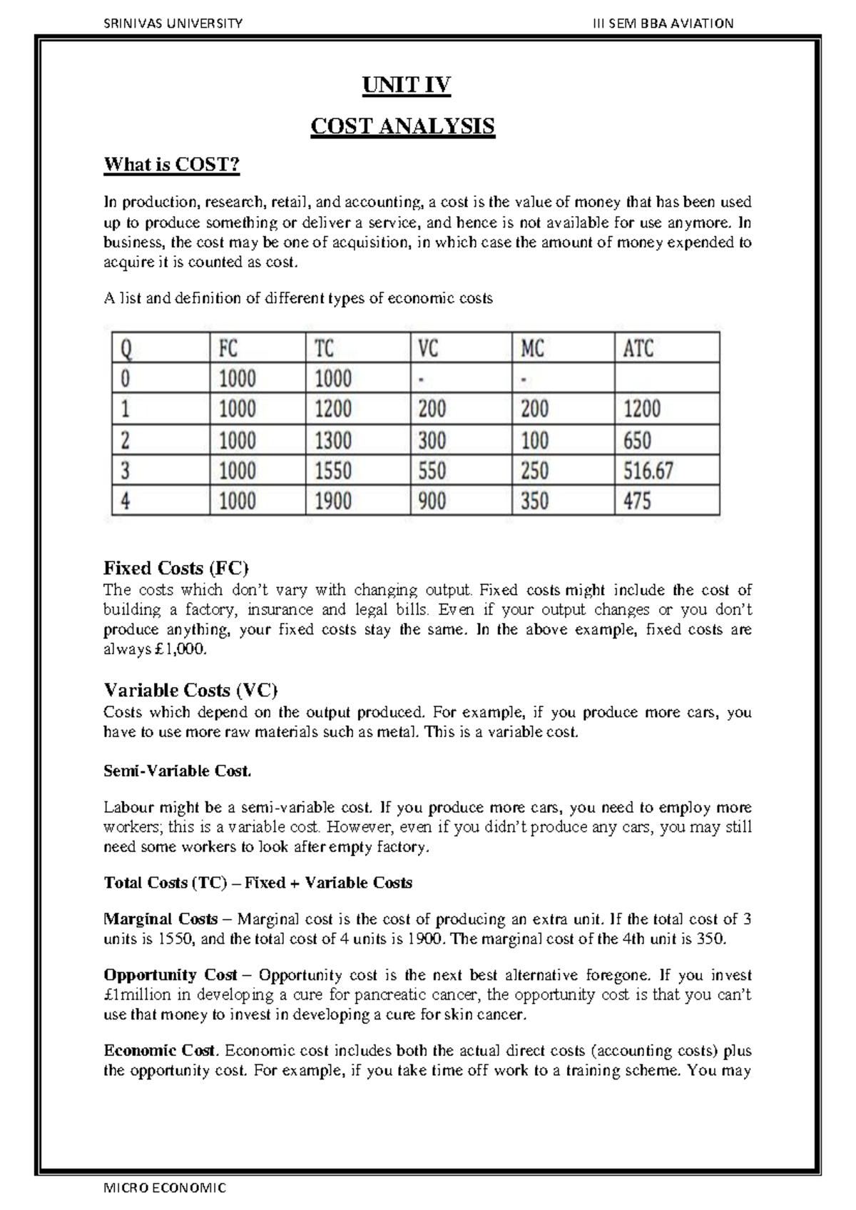 Unit 4 - Study material - UNIT IV COST ANALYSIS What is COST? In ...