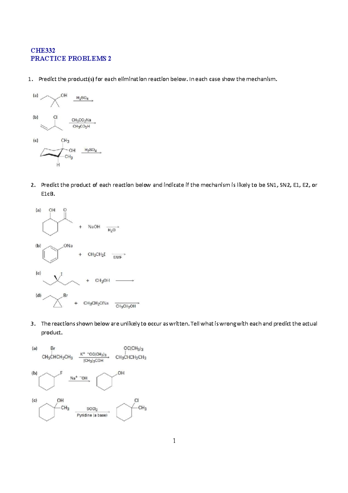 CHE332 Elimination & Substitution Reaction Mechanisms Practice - Studocu