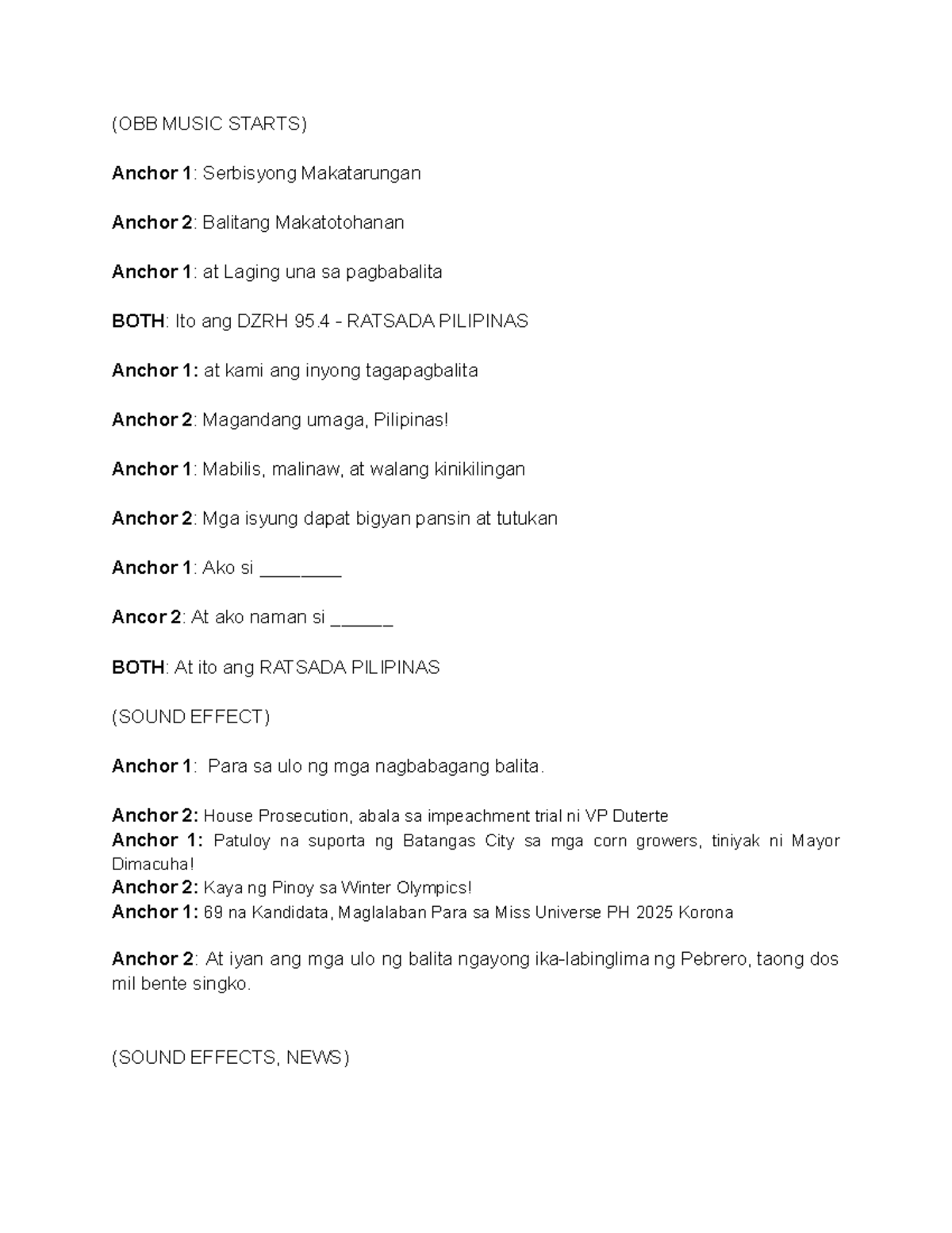 Broadcast Script for OBB Music: RATSADA PILIPINAS - FEB 16 News ...