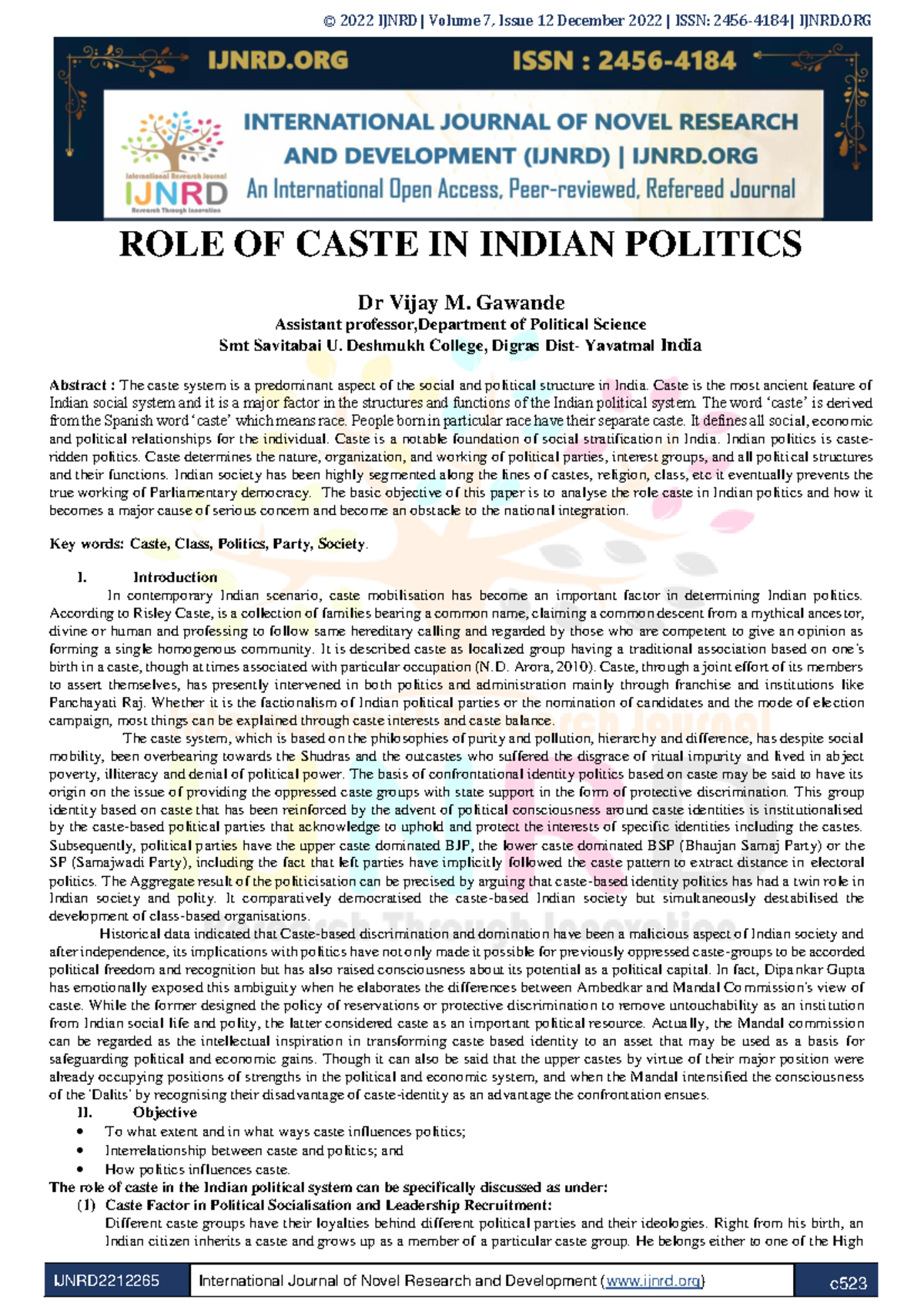 Ijnrd 2212265 - The Influence of Caste on Indian Politics: An Analysis ...