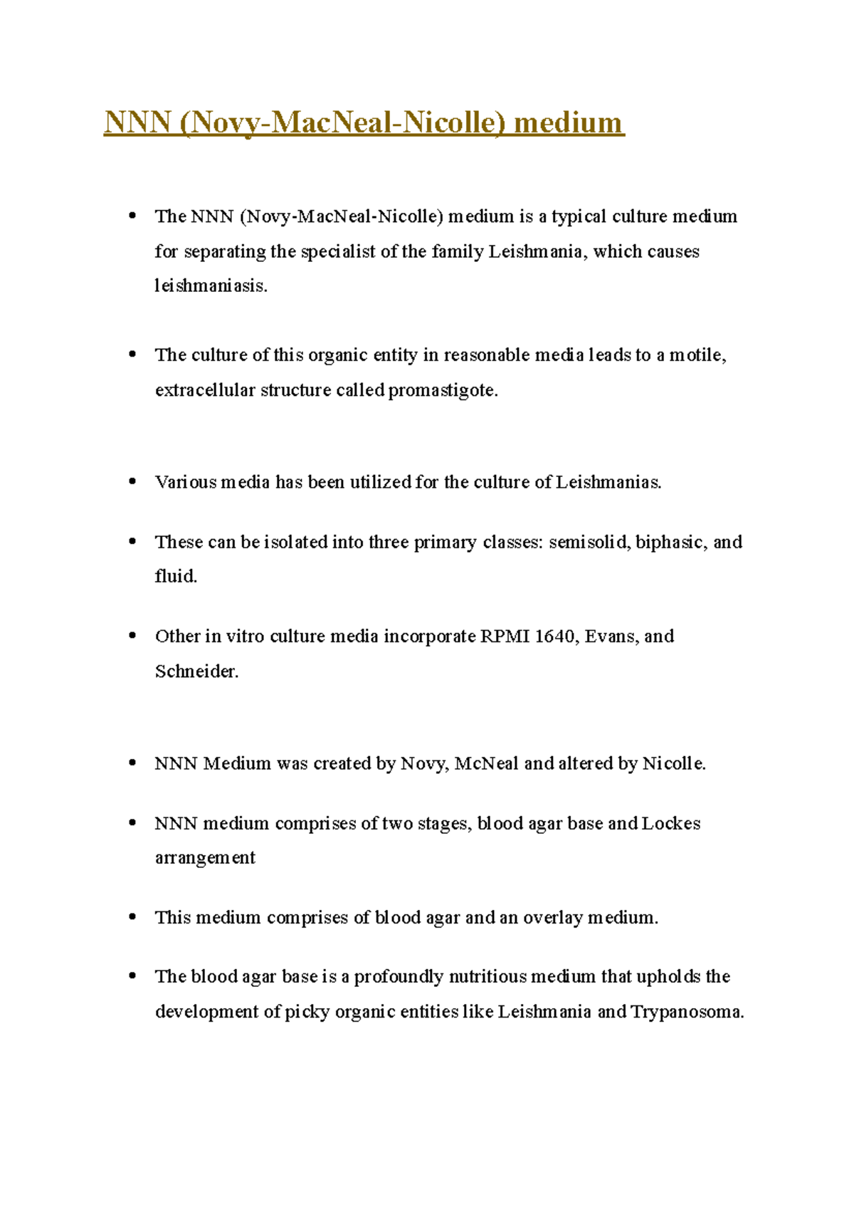 NNN Medium for Leishmania Culture: Uses and Preparation Guide - Studocu