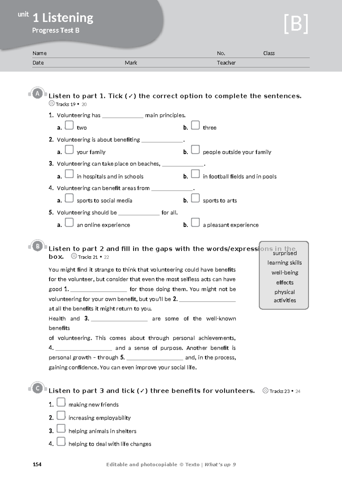 Unit 1, Progress Test [B], pages 154-160 - unit 1 Listening Progress ...