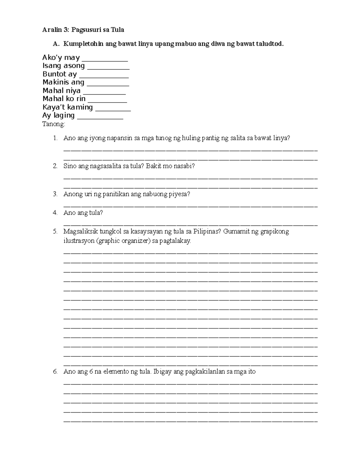 Aralin 3: Pagsusuri at Pagsulat ng Tula - Performance Task - Studocu