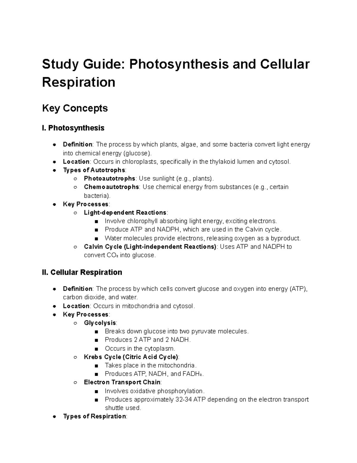 Study Guide: Photosynthesis & Cellular Respiration Overview - Studocu