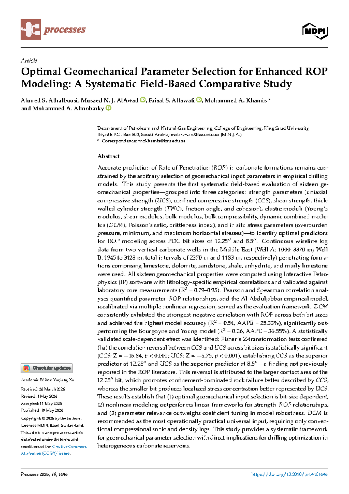 Processes 14:1646 - Optimal Geomechanical Parameters for ROP Modeling ...