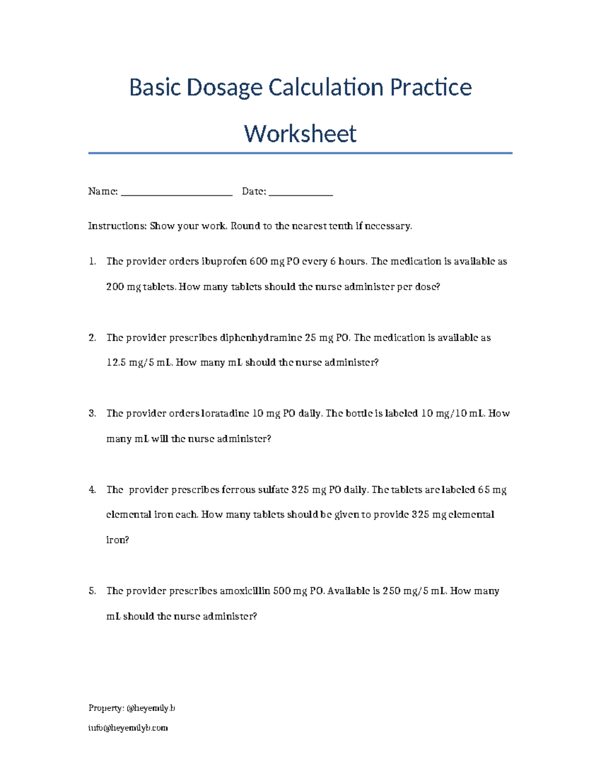 Basic Dosage Calculation Practice Worksheet (NUR 101) - Studocu
