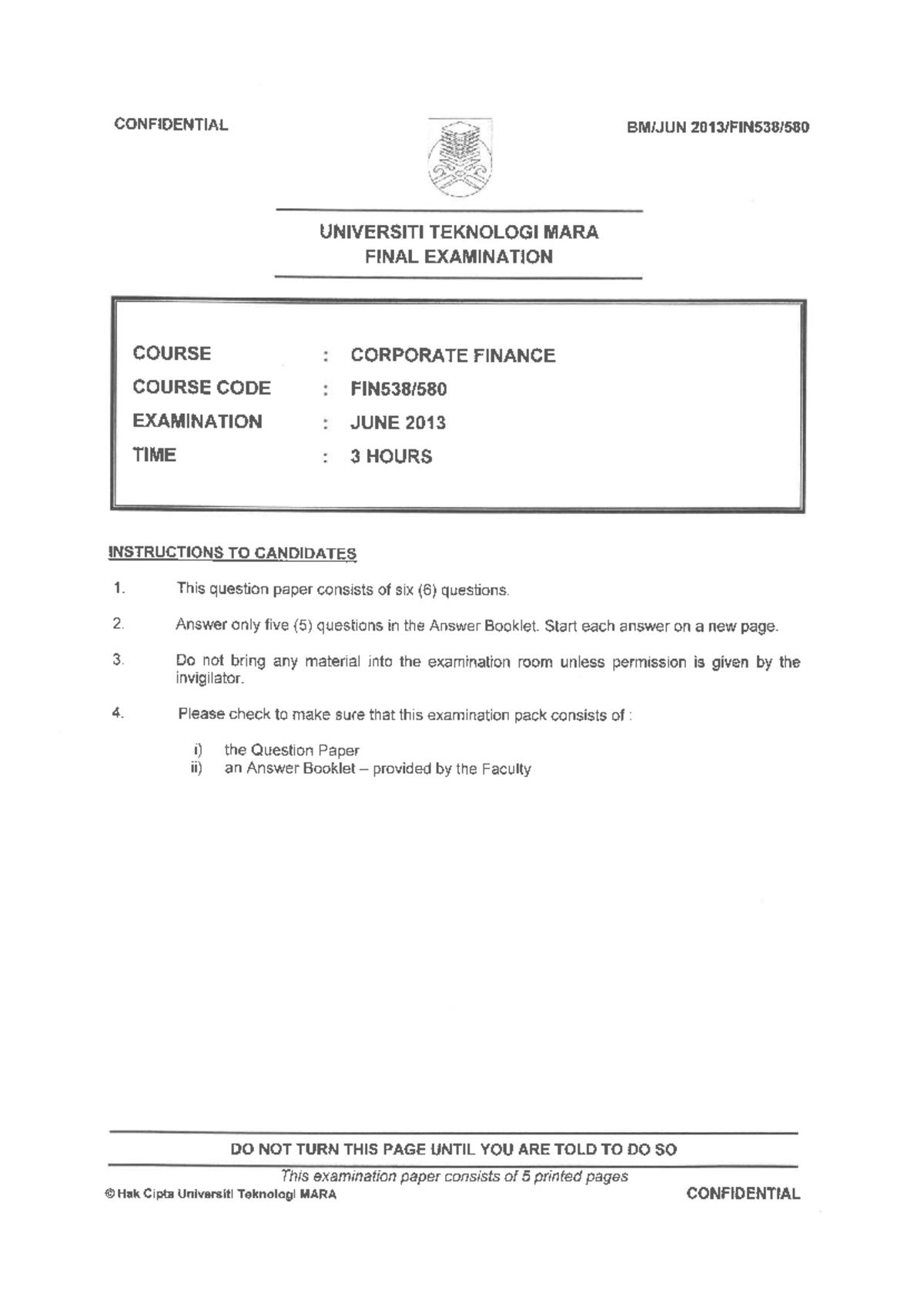 Corporate Finance Final Exam (June 2013) - Past Year Questions - Studocu