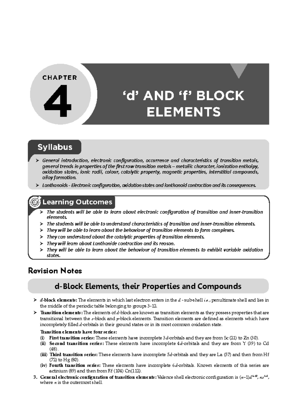 4. d and f Block Elements - Syllabus Learning Outcomes Revision Notes d ...