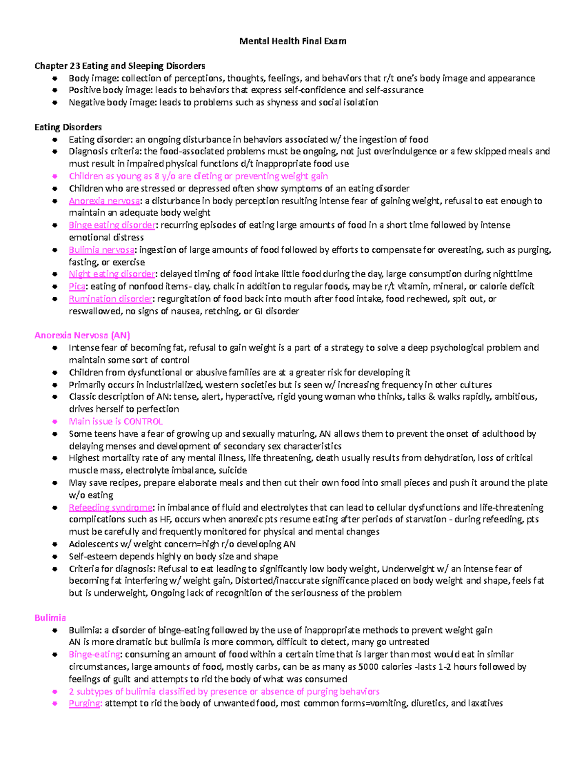 Mental Health Final Exam Study Guide: Eating & Sleeping Disorders - Studocu