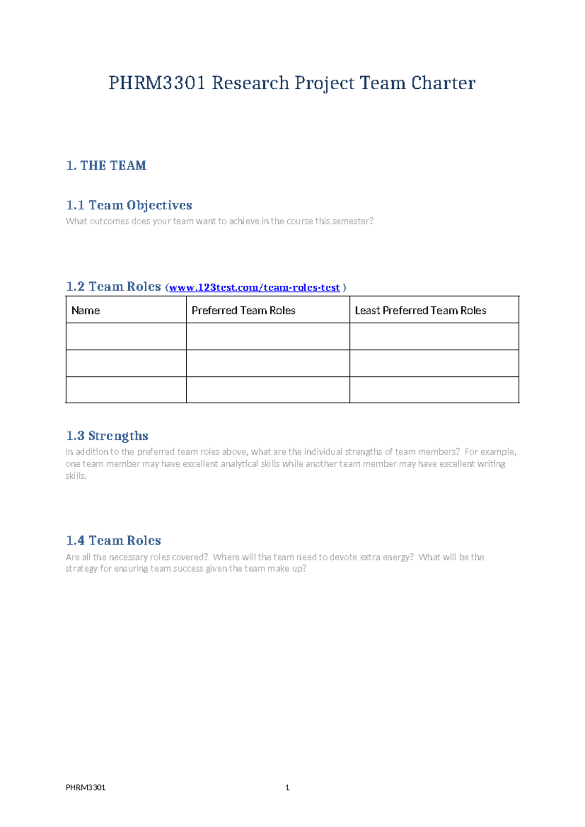 PHRM3301 Research Project Team Charter Template Guide - Studocu