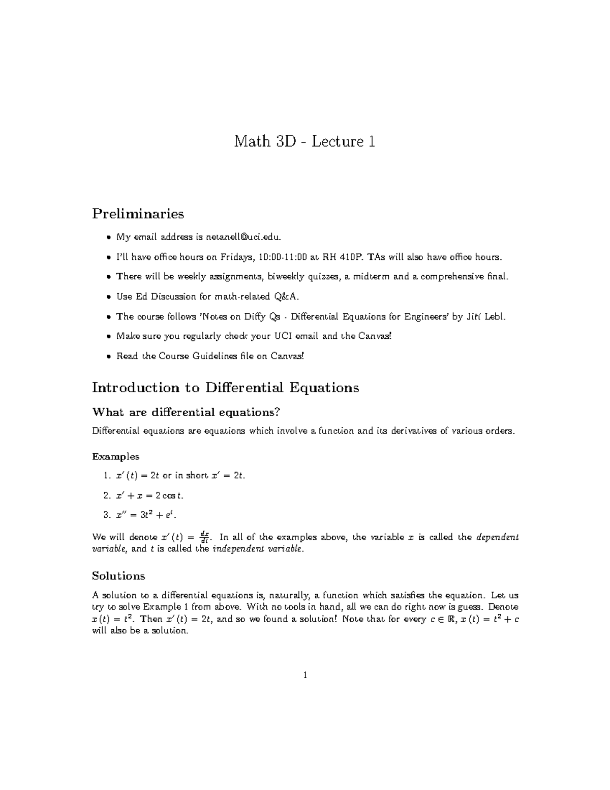 Math 3D: Lecture 1 - Introduction to Differential Equations - Math 3D ...