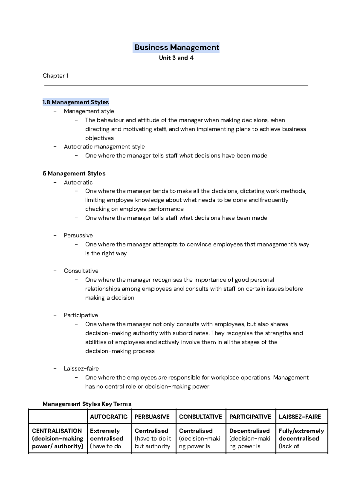 Unit 3 Business Management Notes: Management Styles & Skills - Studocu