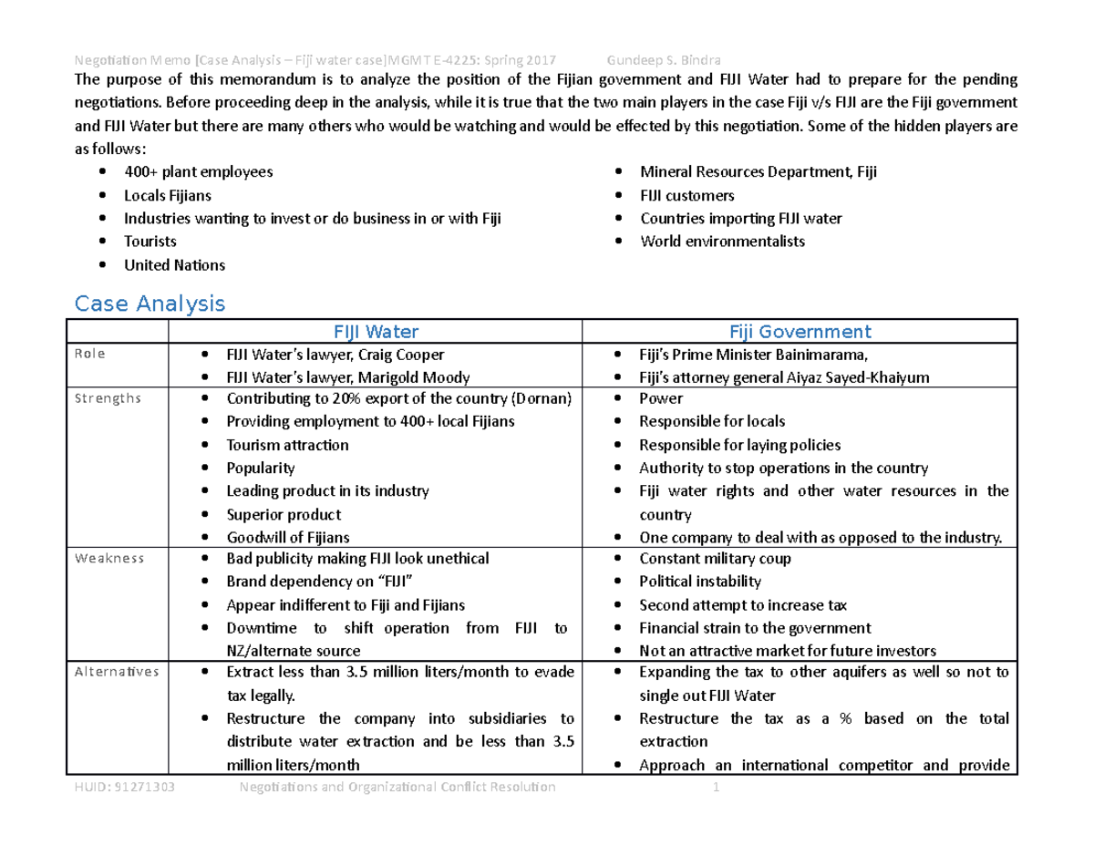 Negotiation Memo on Fiji Water Case Analysis [GSB635] - Studocu