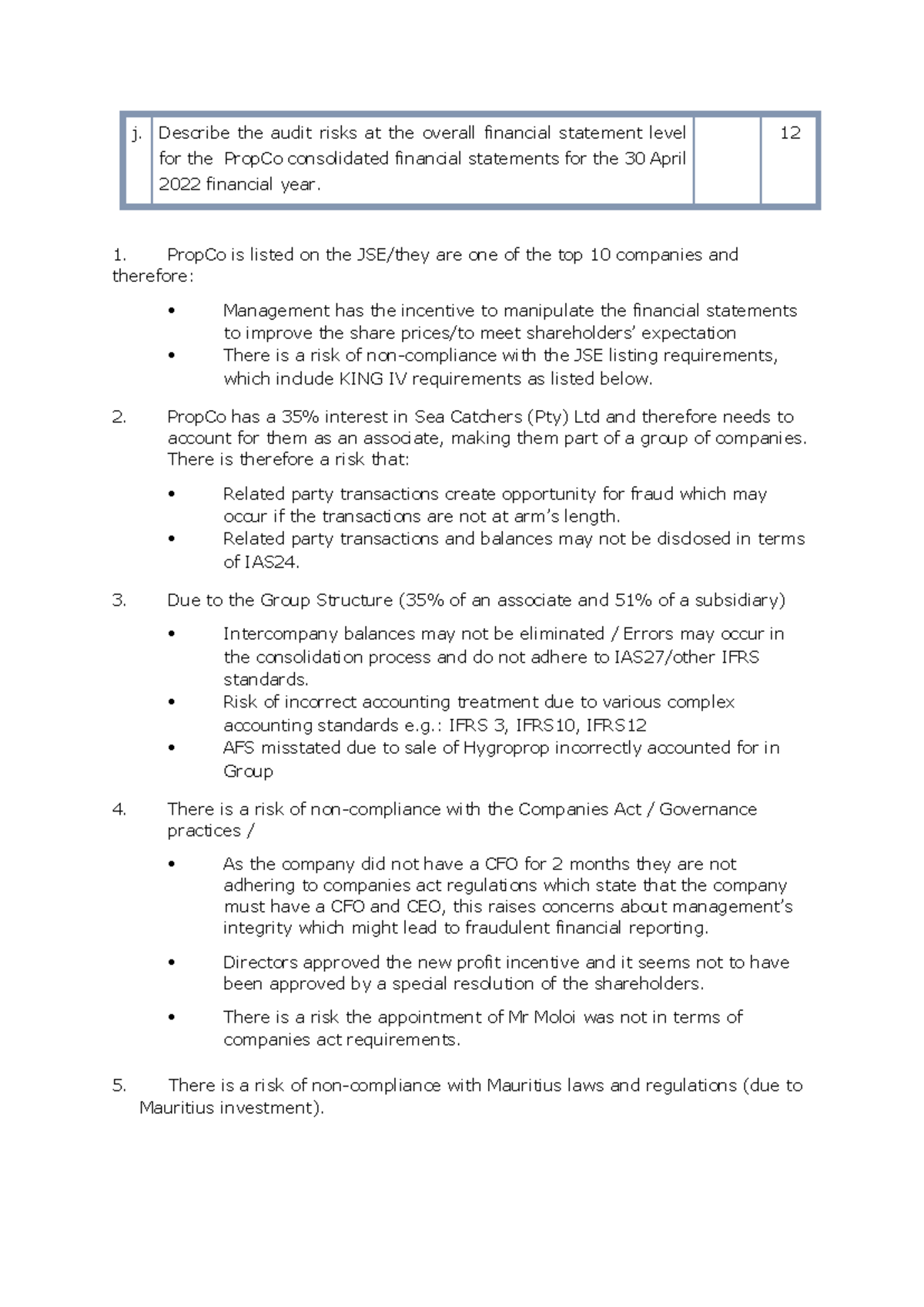 6 P21S CGAU Final Exam - Audit Risks in PropCo Financial Statements ...