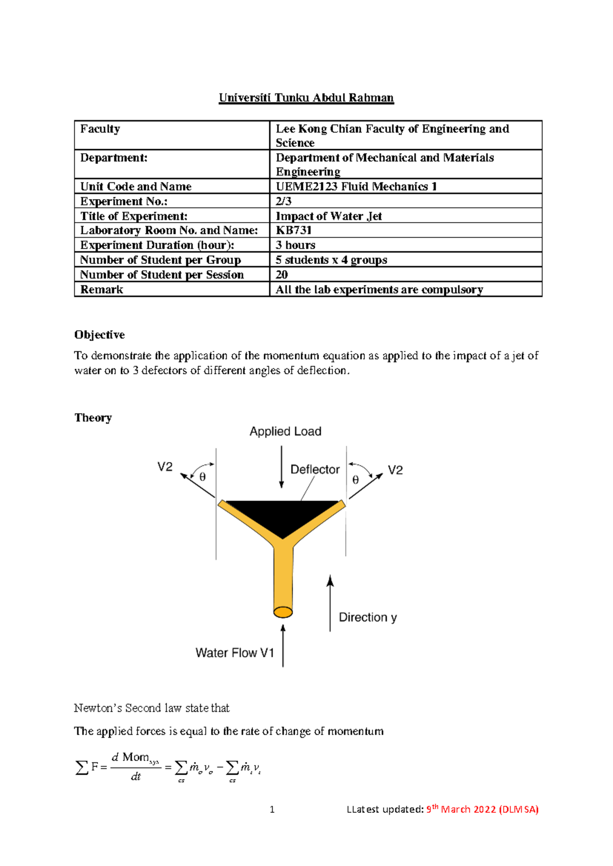 UEME2123 Fluid Mechanics 1 Lab Report: Impact of Water Jet Experiment ...