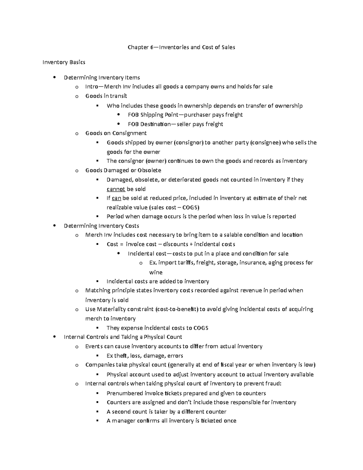 Chapter 6 Notes-MGMT: Overview of Inventories and Cost of Sales - Studocu