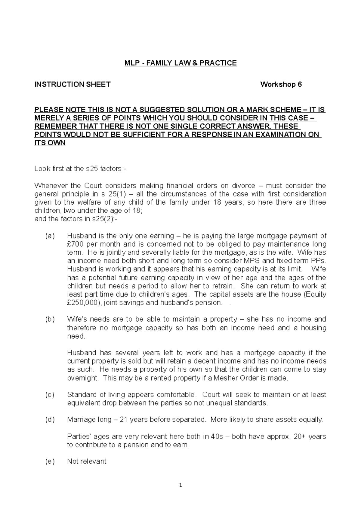 Workshop 6 - Financial Remedy Proceedings: Exploring Section 25 Factors ...