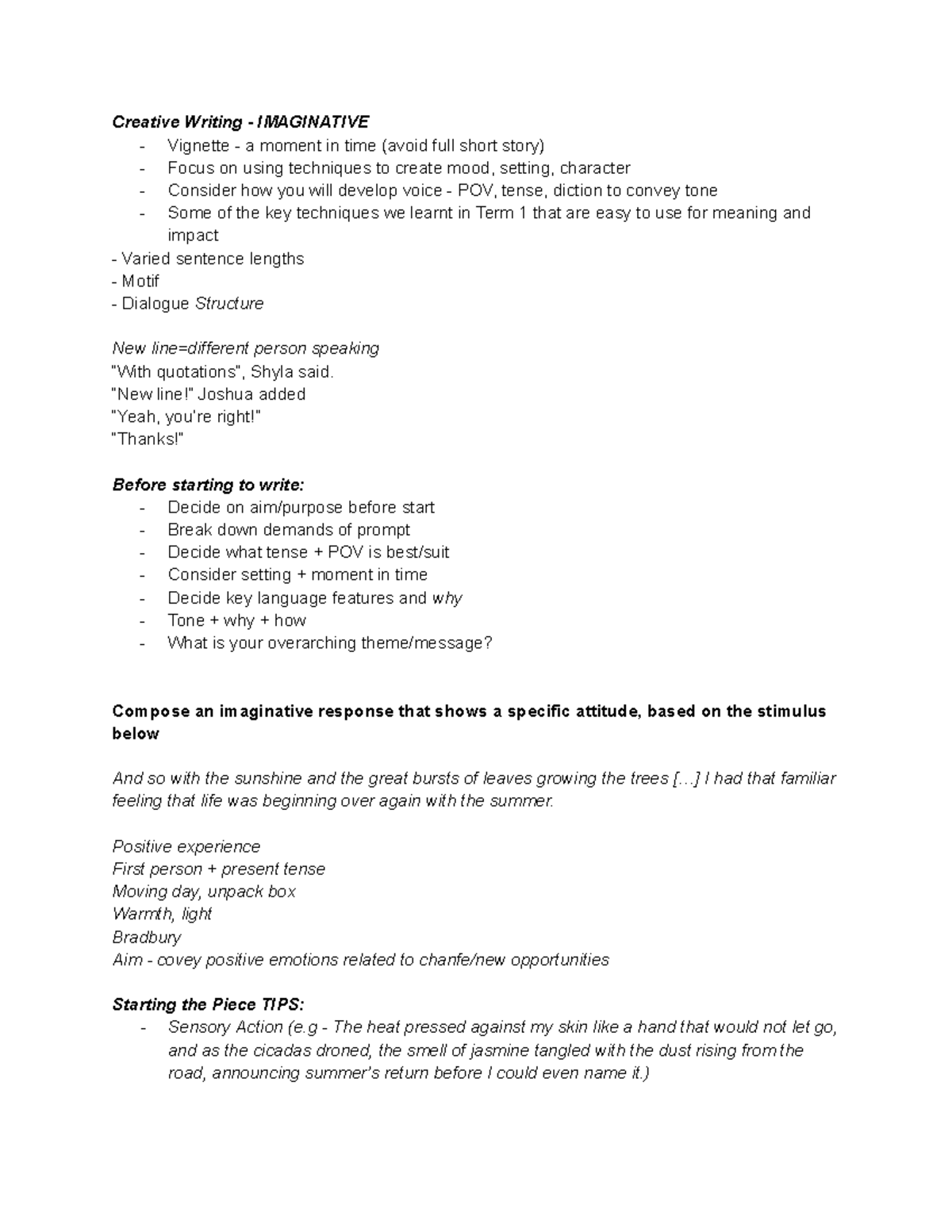 Creative Writing Techniques: Imaginative Vignette Guide (ENG101) - Studocu