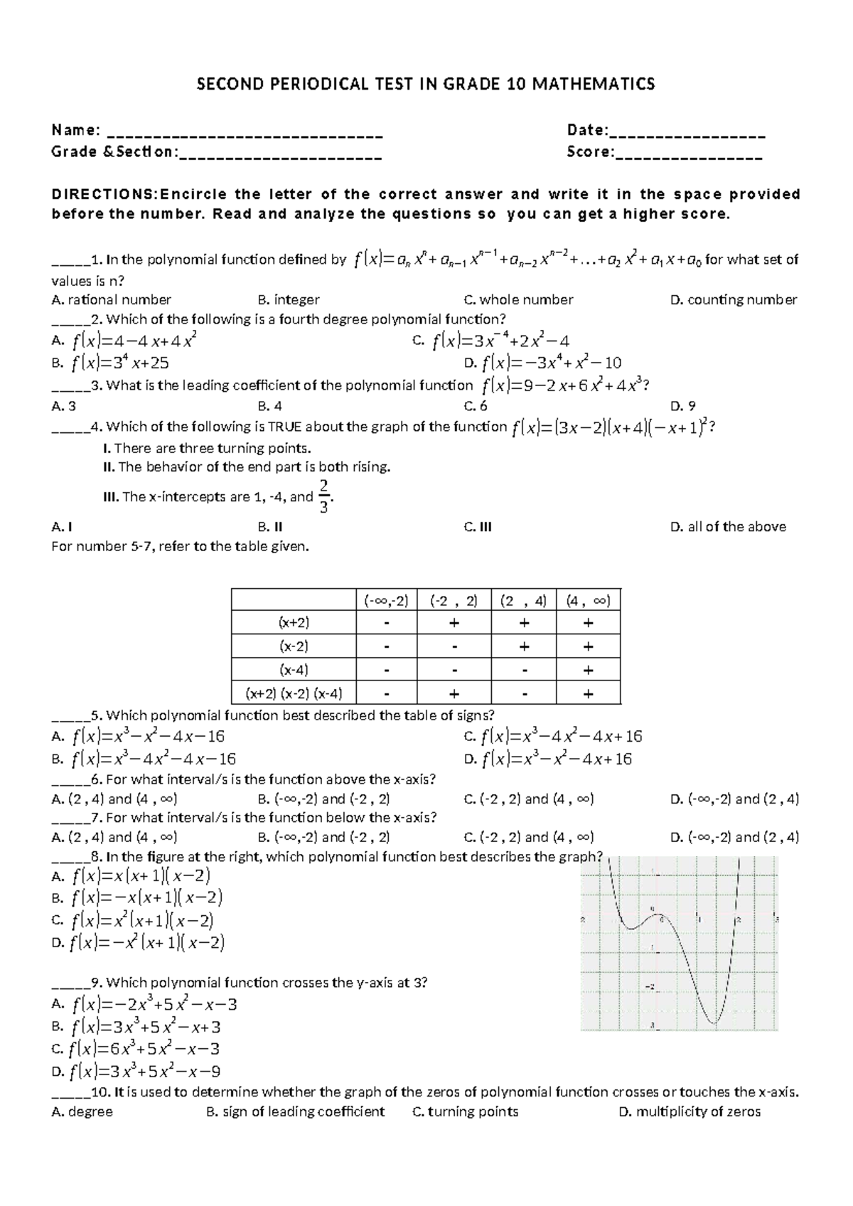Grade 10 Mathematics Second Periodical Test Answers and Key - Studocu
