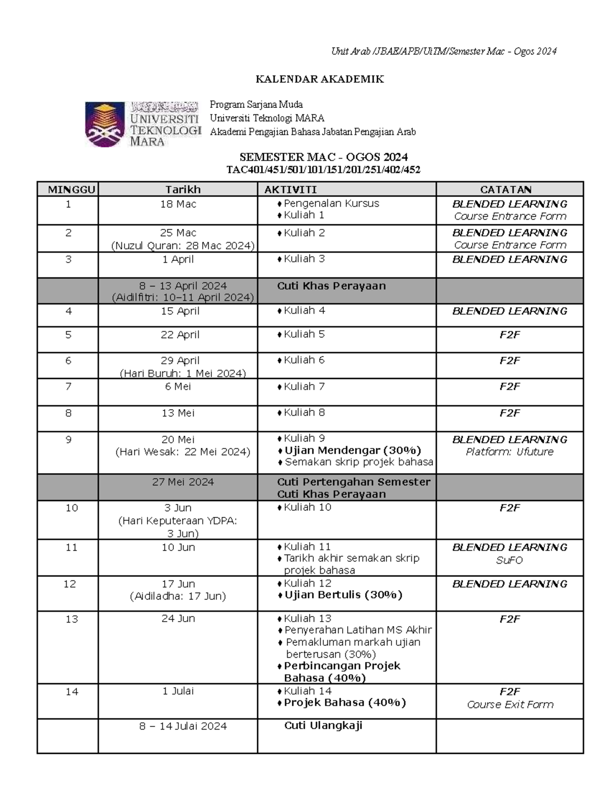 Kalender Akademik 20242 MAC OGOS 2024 - Unit Arab /JBAE/APB/UiTM ...