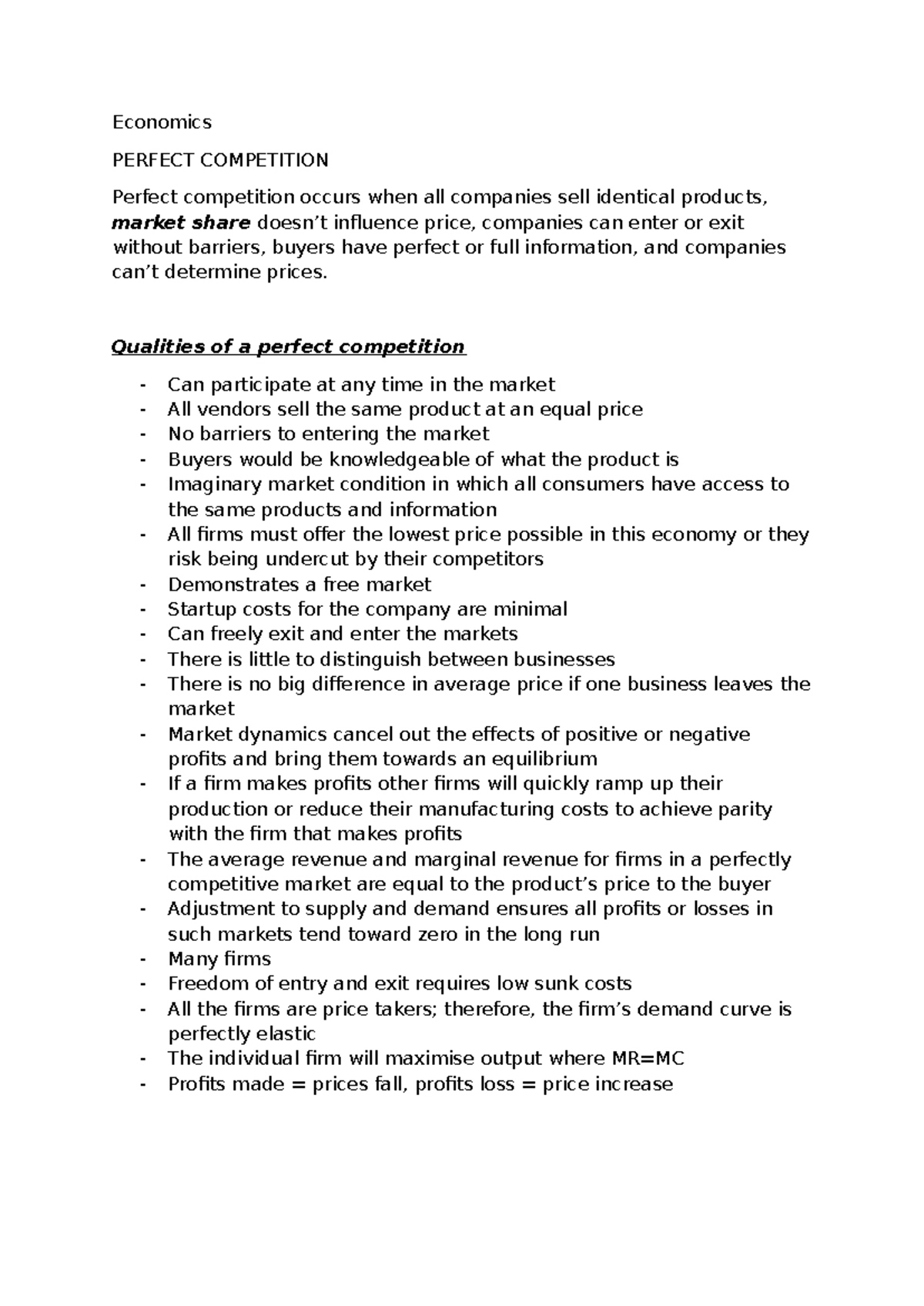 ECO 101: Perfect Competition - Summary Notes on Market Dynamics - Studocu
