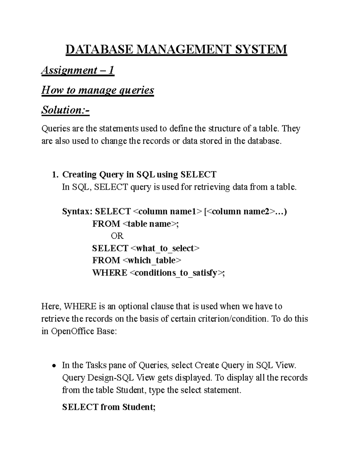 Database Management System - DATABASE MANAGEMENT SYSTEM Assignment – 1 ...