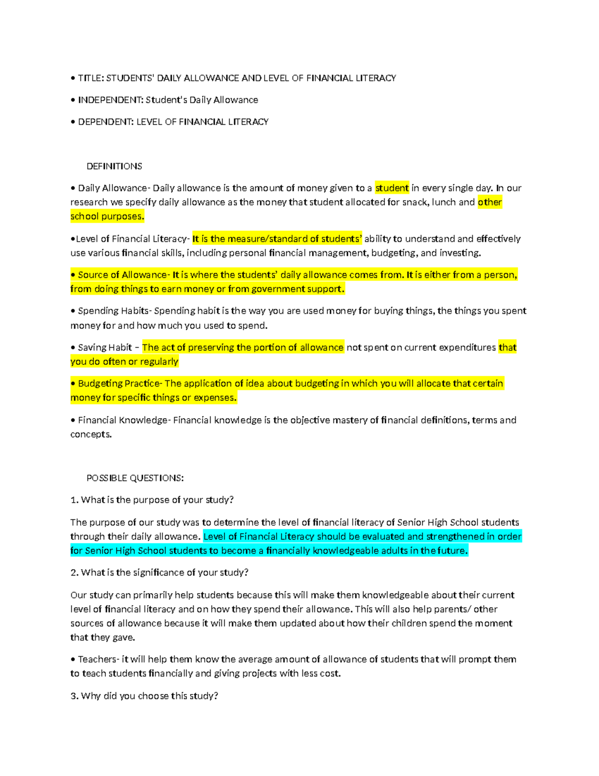 Title: SHS Daily Allowance and Financial Literacy Study - Studocu