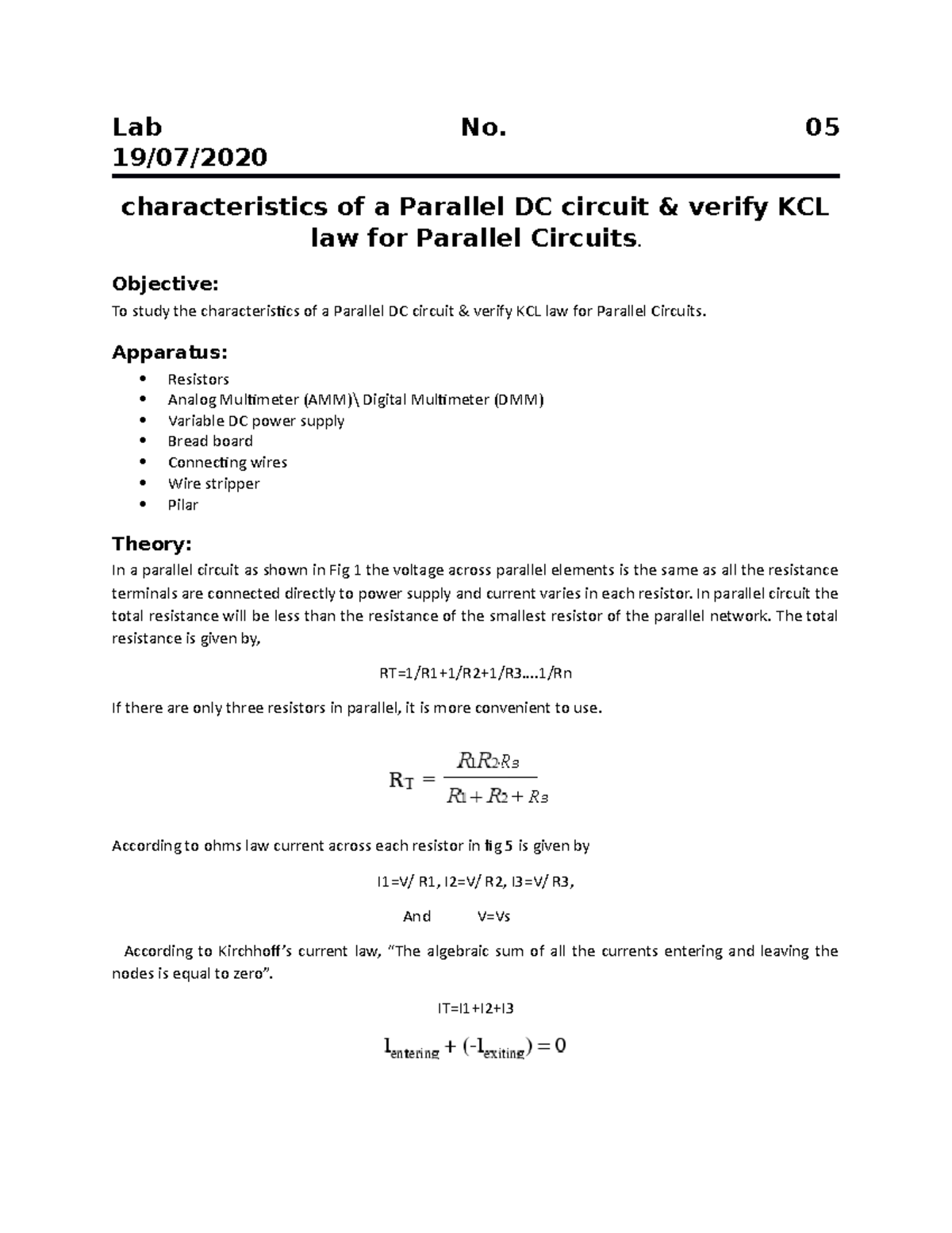 LCA 05 Lab Report: Characteristics of Parallel DC Circuits & KCL ...