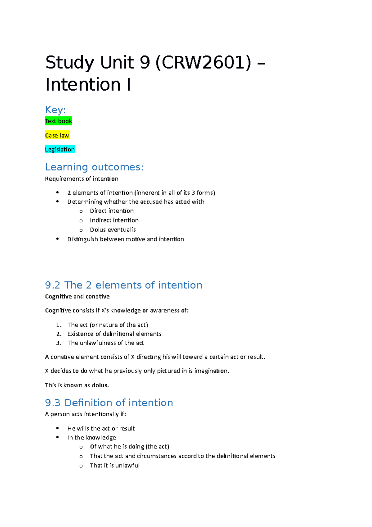 CRW2601 Study Unit 9: Understanding Intention in Criminal Law - Studocu