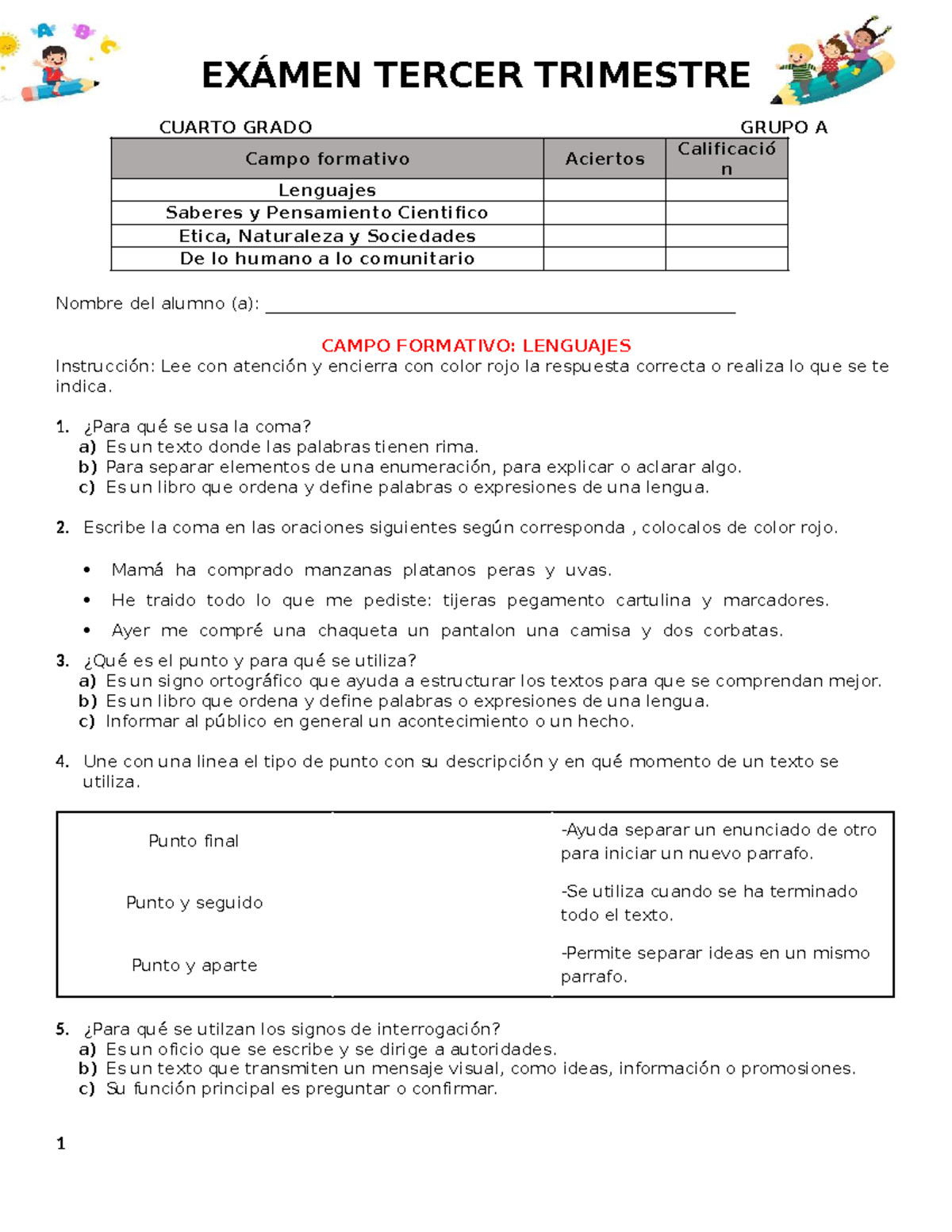 EXAMEN TERCER TRIMESTRE 4TO GRADO - LENGUAJES Y CIENCIAS - Studocu