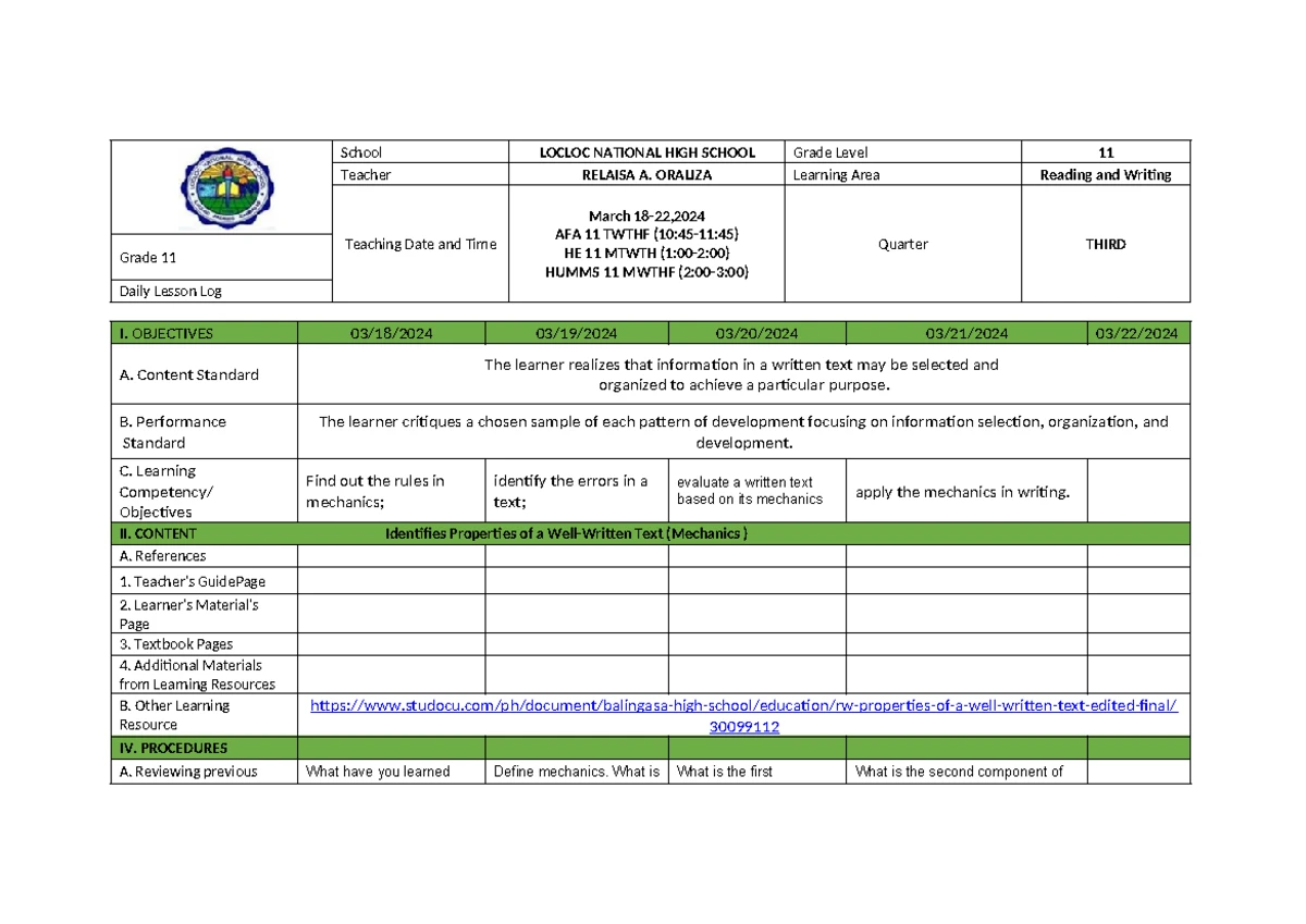 DLP Conducting Surveys & Experiments: Grade 12 Lesson Log - Studocu