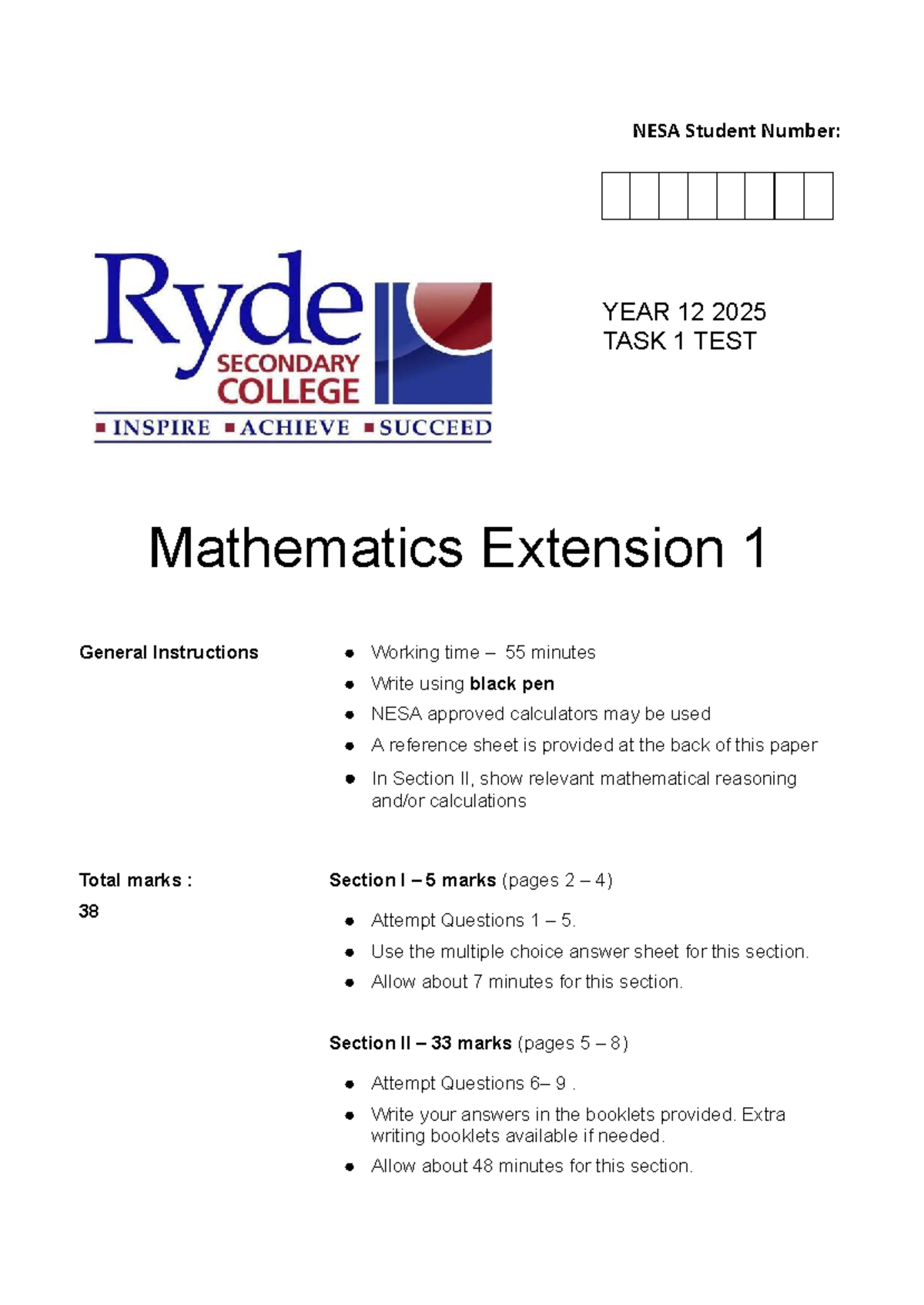 2025 Yr12 Math Ext 1 Task 1 Exam Paper - Studocu
